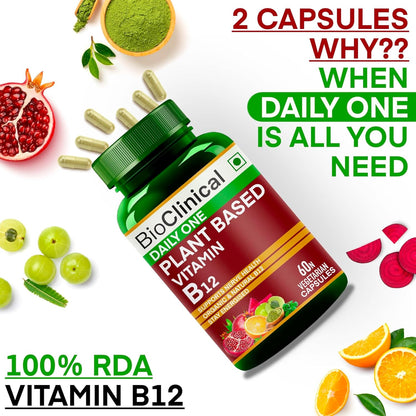 BioClinical Plant Based Vitamin B12 Supplement for Men & Women -2 Months- Organic Vit B 12 - Nature made Ayurvedic Rasayana & Green Food -For Stress In Life,Nerve & Brain Health -60 vegan capsules