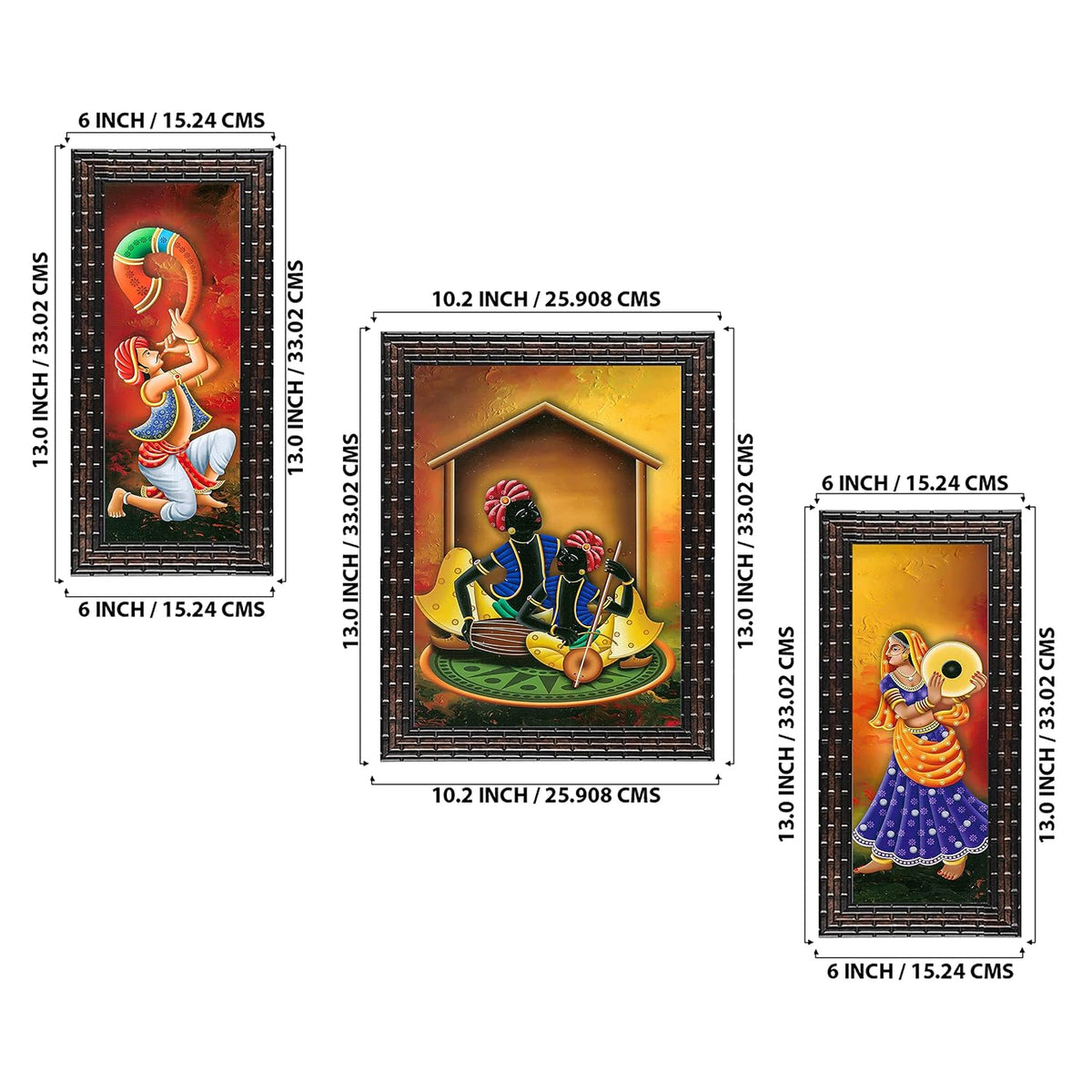 3 PC Set of Rajasthani Folk Music & Dance Paintings (1084) Without Glass 6 X 13, 10.2 X 13, 6 X 13 inch-Multicolour