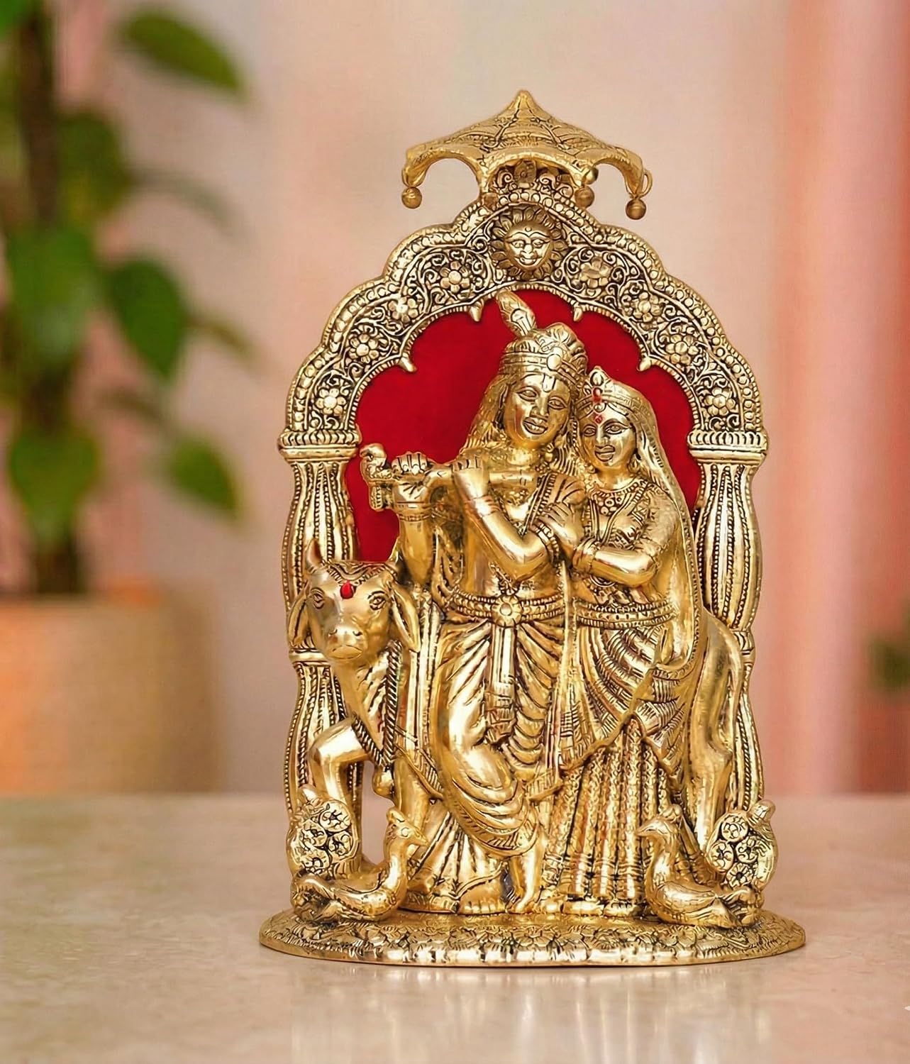 KridayKraft Metal Radha Krishna Idol with Cow Decorative Showpiece Statue for Puja Room Home Office Desk Gift Items Ornate Metal Sculpture of Hindu Deities (Height 33 CM)