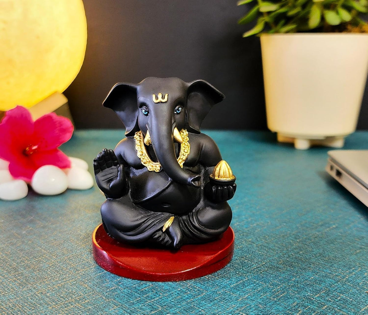 Handcrafted Poly Resin Ganesha Statue with Base - Perfect for Car Dashboard, Office Desk, Shelves, and Home Decor - Ideal Housewarming Gift! (AppuBlackwithbase)