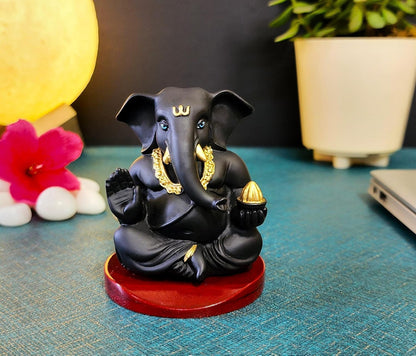 Handcrafted Poly Resin Ganesha Statue with Base - Perfect for Car Dashboard, Office Desk, Shelves, and Home Decor - Ideal Housewarming Gift! (AppuBlackwithbase)
