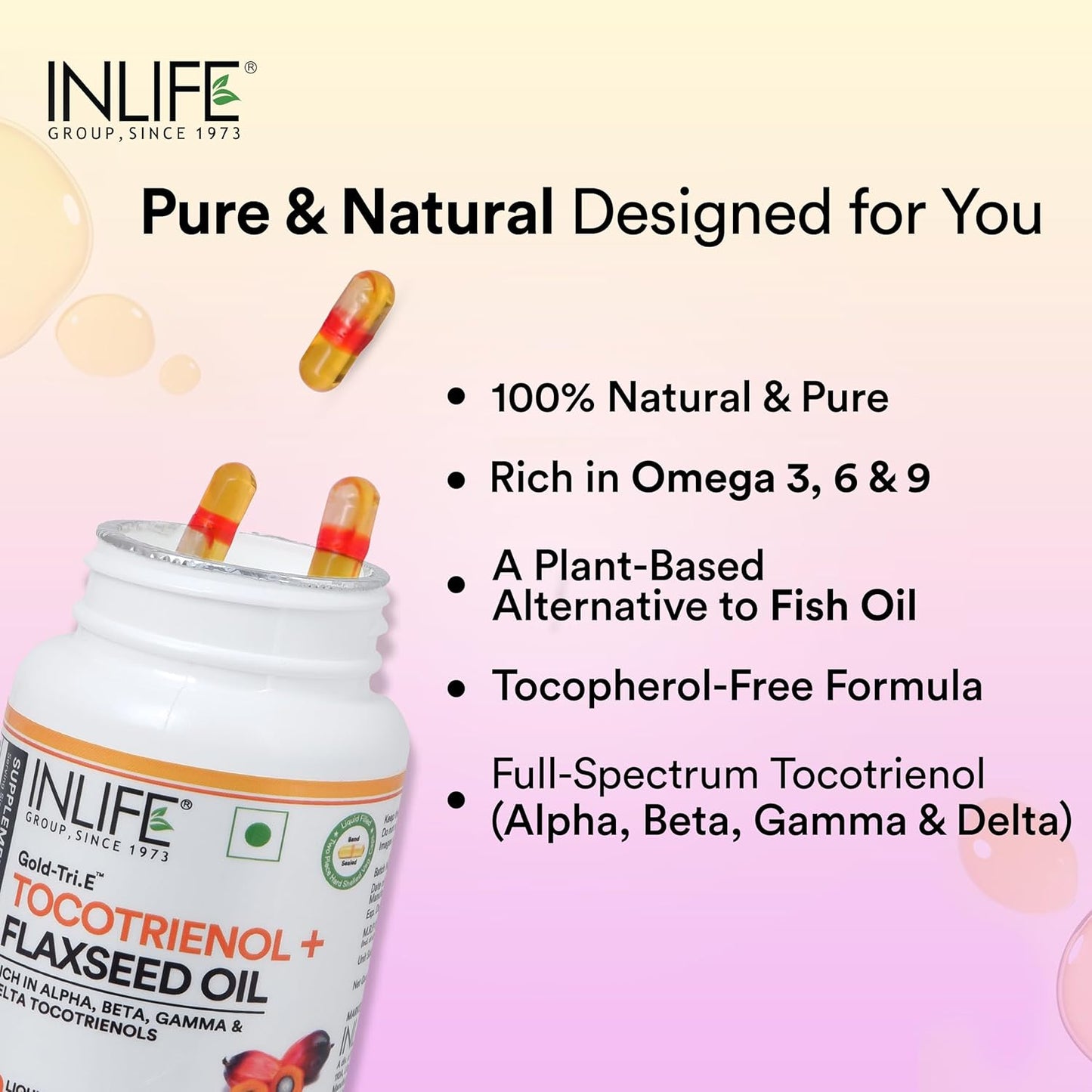 INLIFE Tocotrienol Oil 10mg (Gold Tri.E) & Flaxseed Oil 480mg Supplement | Extra Virgin Cold-Pressed Omega 3 6 9 | Supports Heart, Skin, Hair & Immune Health - 60 Vegetarian Capsules