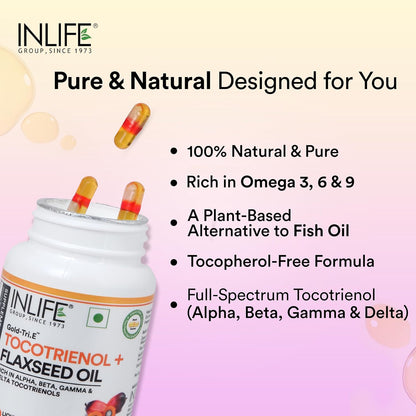 INLIFE Tocotrienol Oil 10mg (Gold Tri.E) & Flaxseed Oil 480mg Supplement | Extra Virgin Cold-Pressed Omega 3 6 9 | Supports Heart, Skin, Hair & Immune Health - 60 Vegetarian Capsules