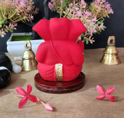 Handcrafted Poly Resin Ganesha Statue with Base - Perfect for Car Dashboard, Office Desk, Shelves, and Home Decor - Ideal Housewarming Gift! (RedAppuwithbase)
