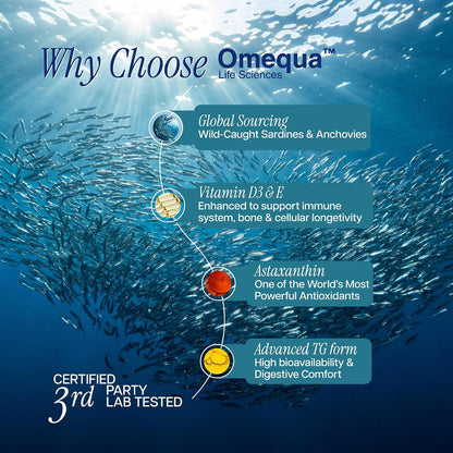 Omequa Omega 3 Fish Oil 1250 mg (Triple Strength) – 30 Softgels | EPA 540 mg DHA 360 mg | Triglyceride Form | With Astaxanthin, Vitamin D3 & E | Lab Tested Omega 3 Supplement