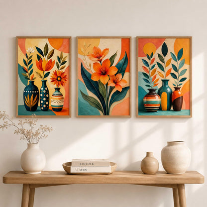 Set of 3 Floral Vase Wall Paintings with Sparkle Laminate, Premium Wooden Synthetic Frame, Modern Botanical Art for Living Room Bedroom Decor (13.5 x 19.5 Inch) NM03-166