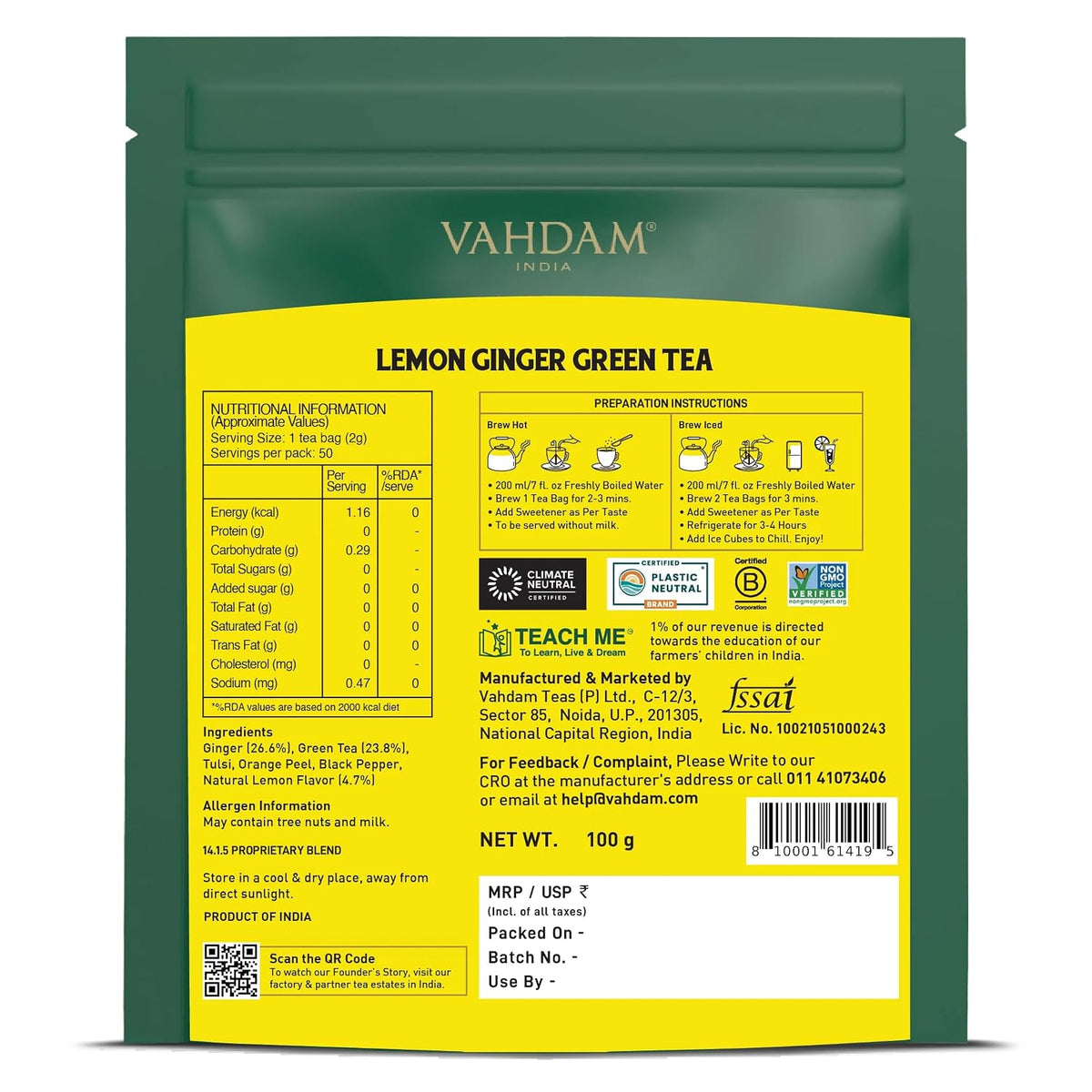 VAHDAM Lemon Ginger Green Tea - 50 TB | Boosts Metabolism & Supports Immunity | Ginger, Tulsi, Orange Peel & Black Pepper | Low Caffeine | Non-GMO