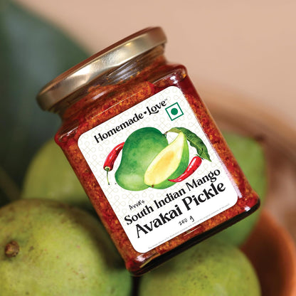 Homemade Love Mango Avakai Pickle (250 Gm) | South Indian Taste Mango Pickles | Aam ka Achar Perfect for Rice, Dosa, Idli, Chappati | Tangy and Spicy Home Made Mango Pickle | No Preservatives