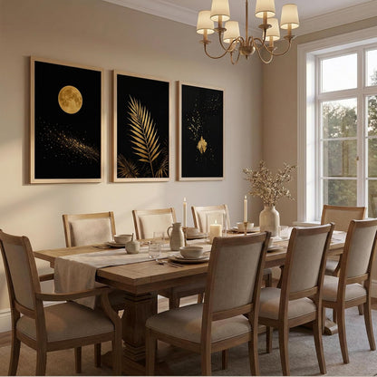 Set of 3 Moon & Golden Palm Leaf Wall Art Paintings for Living Room | Modern Luxury Black Gold Wall Decor | Framed Wall Paintings for Bedroom, Hall, Office & Home Decoration (13x19 Inches)