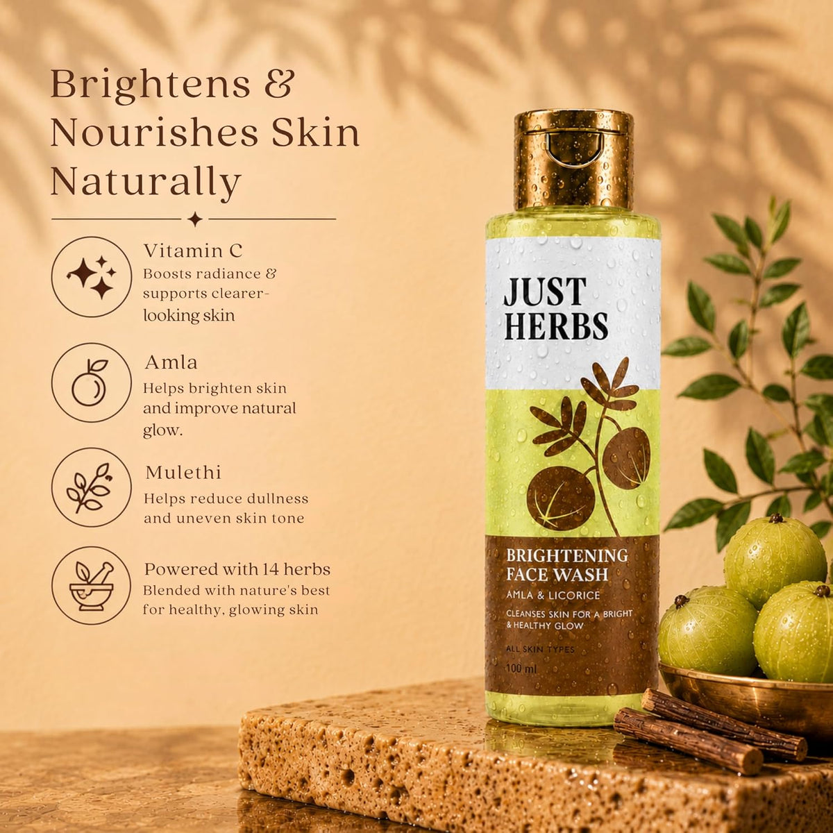 Just Herbs Brightening Face Wash with Vitamin C Amla & Liquorice Root for Men & Women | Hydrates Skin, Reduces Hyperpigmentation & Maintains pH Level | Suits All Skin Types- 50 gm