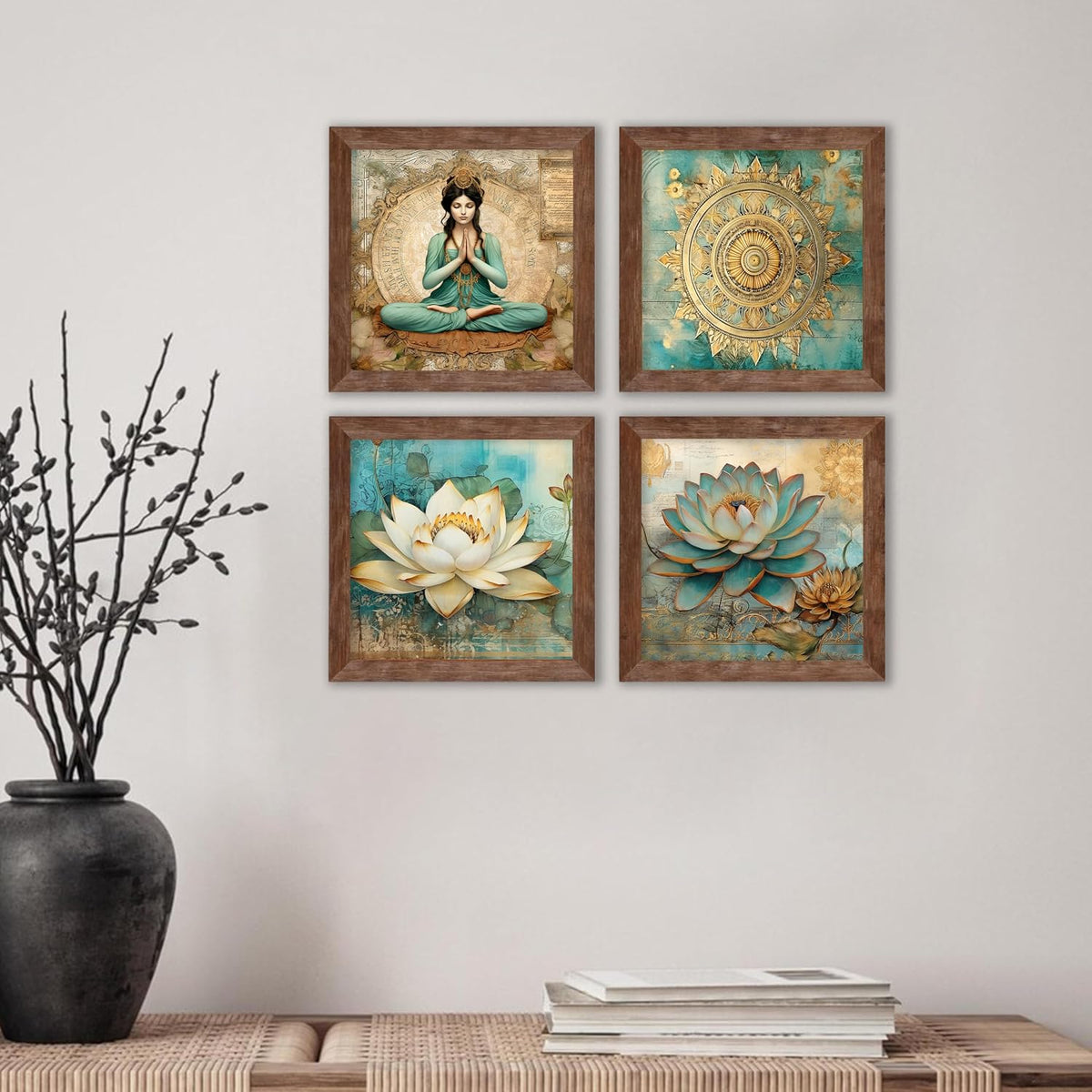 Lotus Meditating Woman Wall Art painting for living room, Spiritual Flower Framed painting, Set of 4, 9x9 Inch