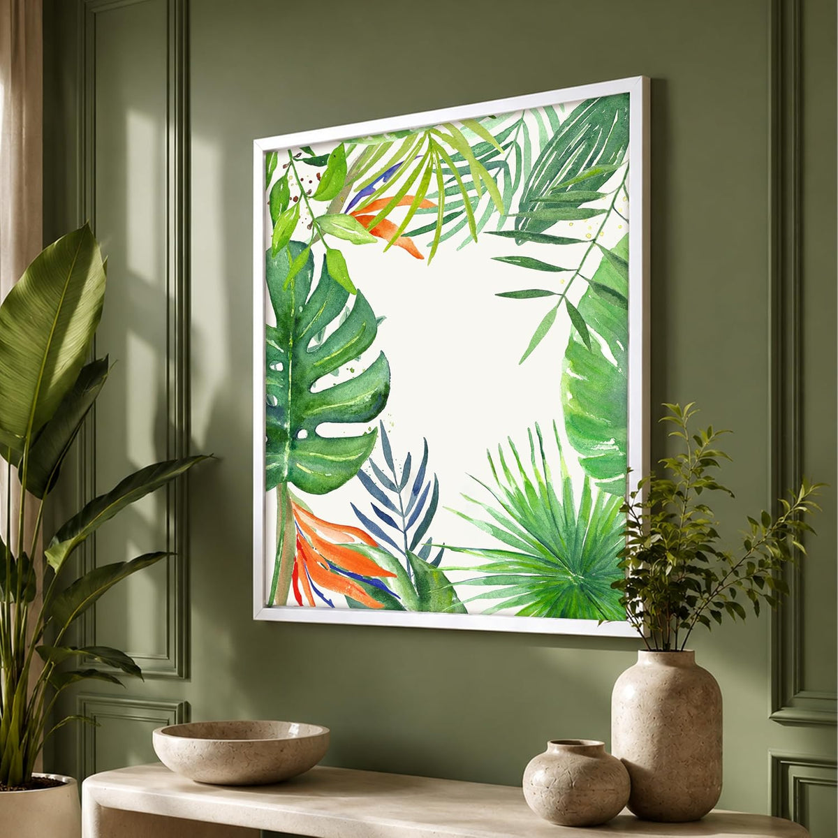 Tropical Green Leaves Framed Canvas Wall Art Painting for wall decoration | Botanical Leaf Nature Inspired Painting for Living Room, Bedroom and Office, 11x13 Inch