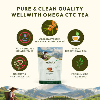 Wellwith Sea Buckthorn Omega CTC Tea 250g | Natural Sea Buckthorn Berry Infused Tea | Wellness and Refreshing Blend (Pack of 1)