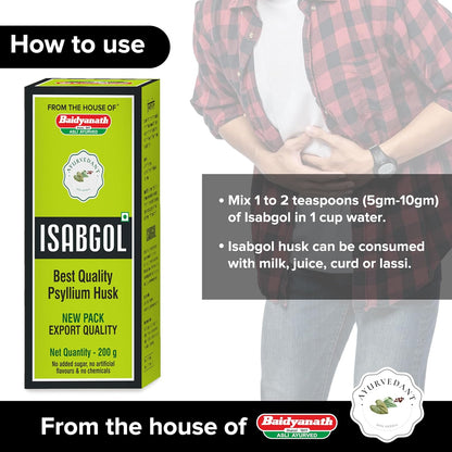 Isabgol packaging with usage instructions and Baidyanath branding.