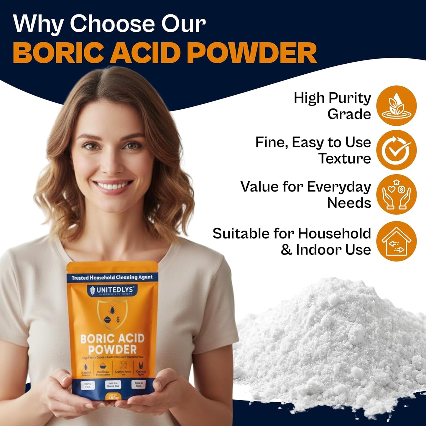 Unitedlys 200g Boric Acid Powder for Cockroaches Control | Multi Purpose Cleaner Powder for Household Cleaning, Carrom Board Use & Rice Storage Protection | Effective & Safe Stain Remover for Kitchen