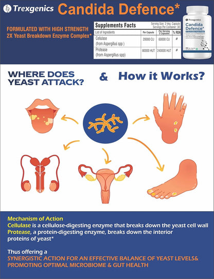 Trexegenics Candida Defence supplement information with illustrations and text on a blue and white background.