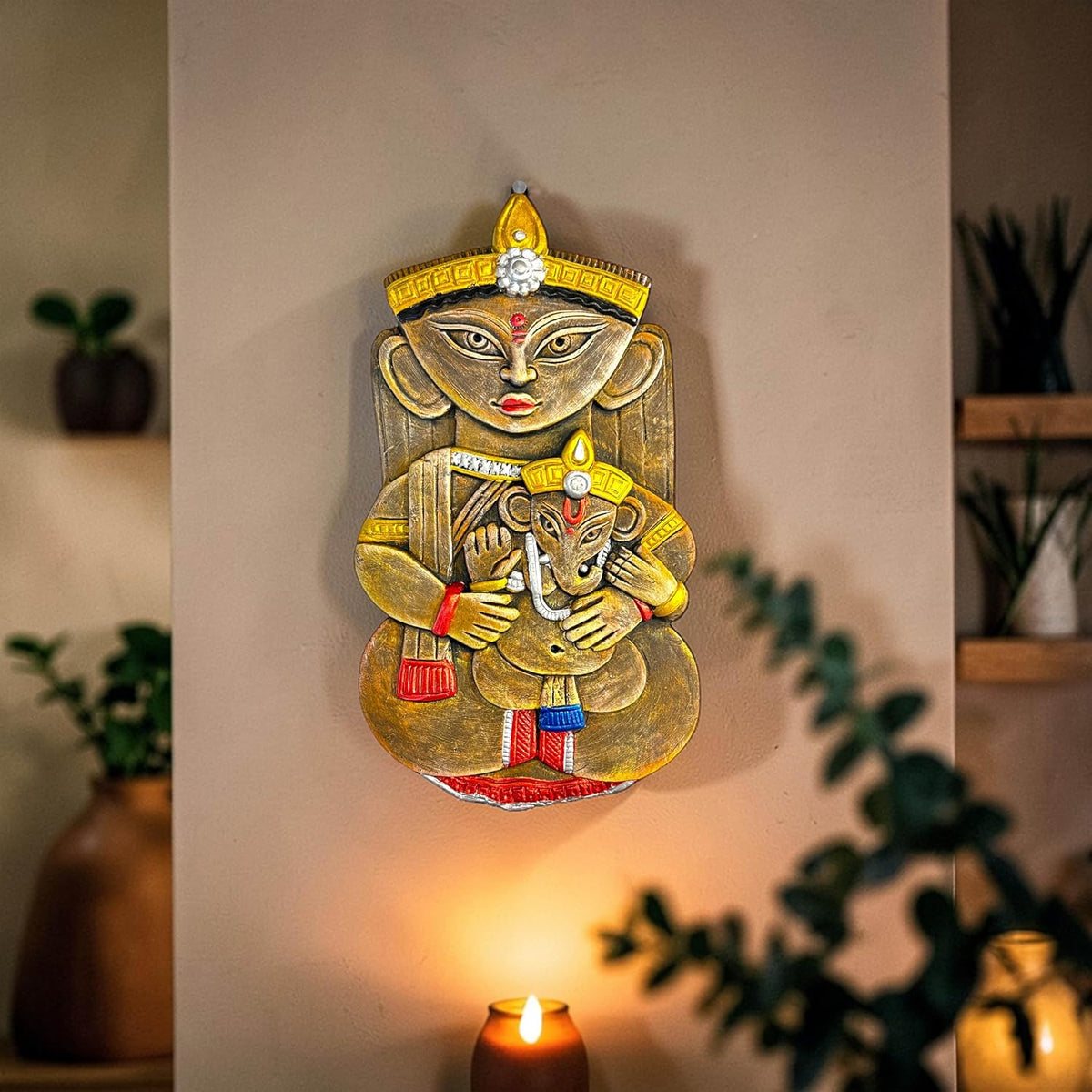 Maa Durga with Ganesh Terracotta Wall Hanging Idol Murti Decor | Devi MATA & Ganesha Janani Decor | Spiritual Art for Temple, Home & Office Decor | Spiritual Gift (31x17 CM)