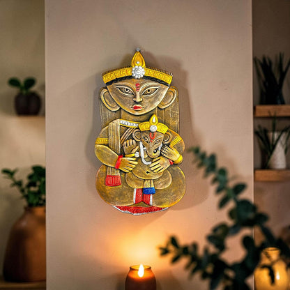 Maa Durga with Ganesh Terracotta Wall Hanging Idol Murti Decor | Devi MATA & Ganesha Janani Decor | Spiritual Art for Temple, Home & Office Decor | Spiritual Gift (31x17 CM)