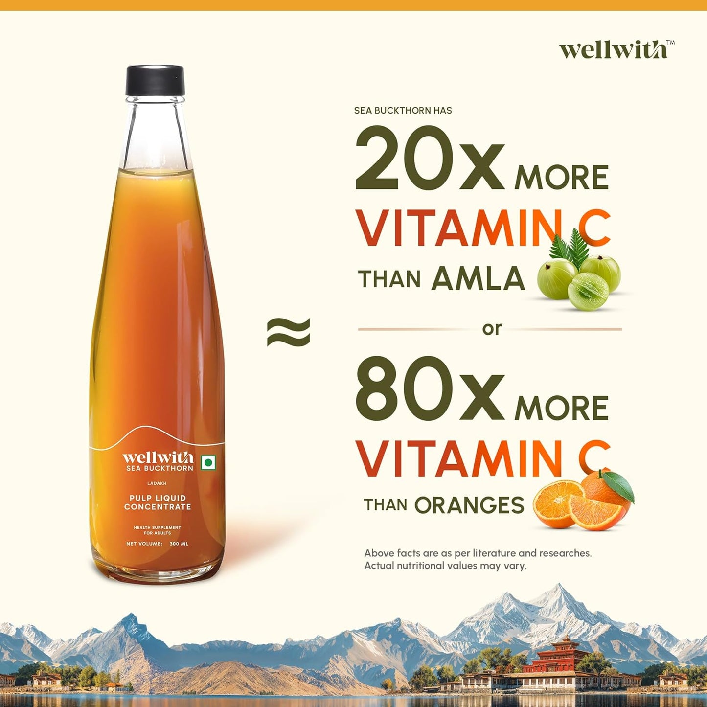 Wellwith by Ayuzera Himalayan Sea Buckthorn Pulp 300ml | Cold Pressed Seabuckthorn Juice | Rich in Vitamin C, Omega 3 6 7 9 & Antioxidants | Supports Immunity, Skin & Gut Health