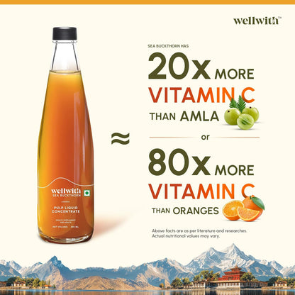 Wellwith by Ayuzera Natural Himalayan Sea Buckthorn Pulp 300ml | Cold Pressed Nutrient Rich Juice | Loaded with Vitamin C, Omega 3 6 7 9 & Antioxidants | For Skin, Immunity & Digestive Health