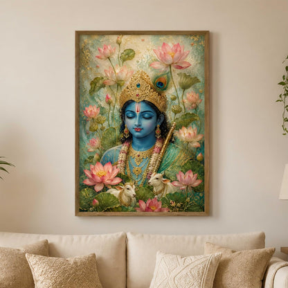 Lord Krishna Lotus Cow Wall Painting for Living Room Bedroom Hall Office Decor, Devotional Artwork with Sparkle Laminate and Wooden Synthetic Frame (13.5 x 19.5 Inch) NM01-4092