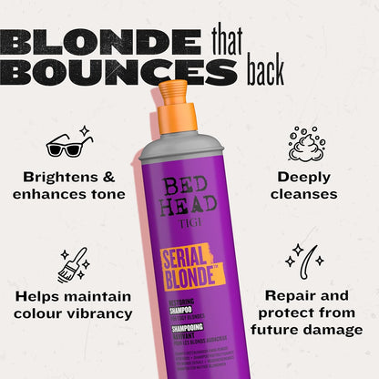 Bed Head TIGI Serial Blonde Restoring Shampoo for Damaged Hair, Colour Enhancing & Protection Shampoo with Keratin for Blonde Coloured Hair, Restores & Revives, UV Protection, Deep Cleanses & Moisturizes Hair, Exotic Tropical Fragrance, 600ml