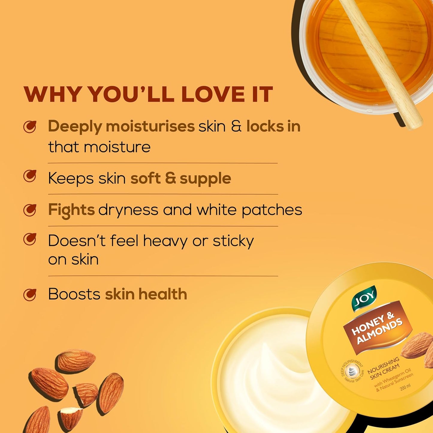 Joy Honey & Almonds Deep Nourishing Moisturizer for Dry Skin | Cold Cream for Face, Hands & Body | Contains Natural Sunscreen for Glowing Skin | Retains Natural Moisture Balance, 500ml
