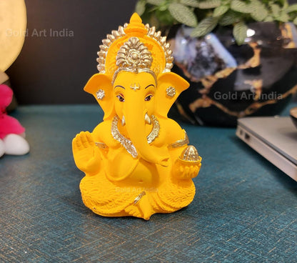 Gold Art India Yellow Mukut Ganesha - Good for Divine Home/Office Decor, Car Dashboard Idol, Housewarming Gift(Mukut Yellow Terracotta 3.5"), Idol