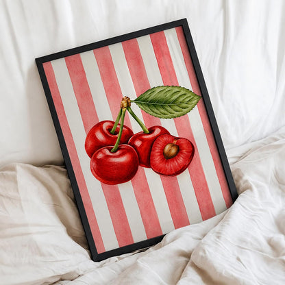 Cherry Wall Art Framed Painting for Home Decor, Red Fruit Botanical Illustration Wall Decor for Living Room Bedroom Office, Retro Aesthetic Room Decoration (DGN01-Black10x13 inch)