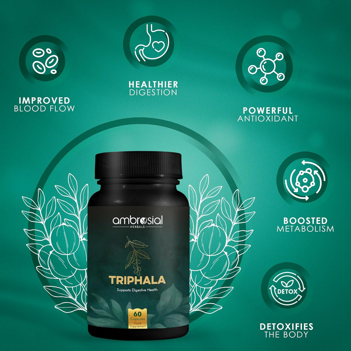 Ambrosial Triphala supplement bottle with health benefits on a green background