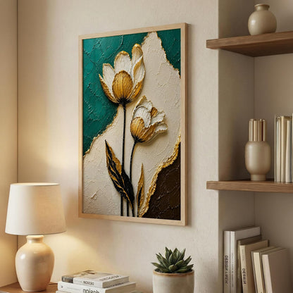 White Gold Floral Teal Framed Wall Art, Natural, 10x13 Inches