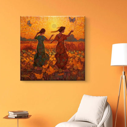 Sunset Garden Canvas Wall Art, Dancing Figures in Floral Field, Orange and Brown Tones, Modern Home Decor 16 Inch x 16 Inch CVS-38127