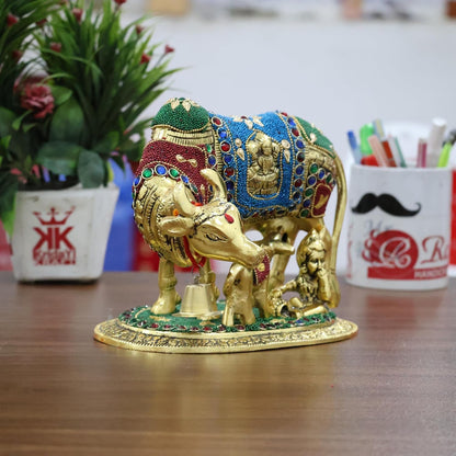 KridayKraft Kamdhenu Cow Calf Bal Gopal Krishna Metal Statue, Gold Stone XL