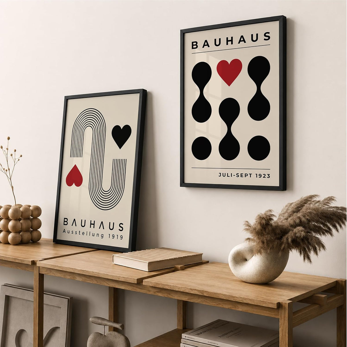 Bauhaus Wall Art Set of 2 Framed Paintings | Geometric Abstract Modern Art Poster Black Red | Living Room Office Contemporary Home Décor (Art 14, 10x13 Inches)