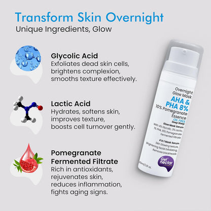 Skincare product with ingredients and benefits on a gray background