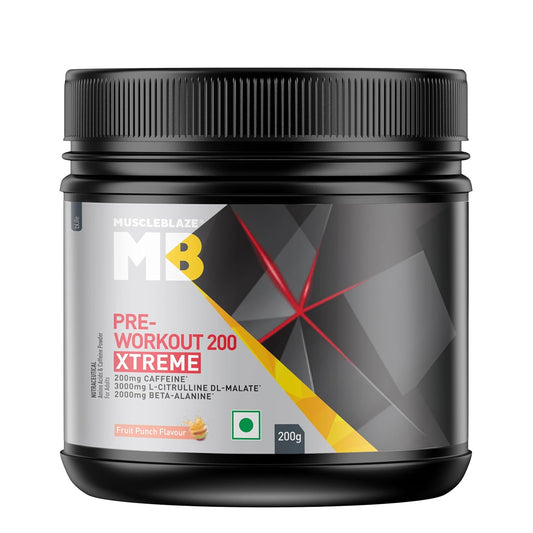 MuscleBlaze Pre Workout 200 Xtreme (Fruit Punch, 60 Servings, 200g) | 200mg Caffeine, 200mg Theanine, 2000mg Beta Alanine, 3000mg Citrulline