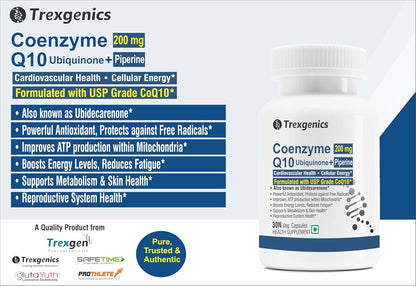 Trexegenics Coenzyme Q10 supplement bottle with product details on a white background