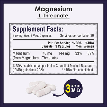 Biotrex Nutraceuticals Magnesium L Threonate 2000mg Per Serving | Better sleep, Cognitive Support & Quick Thinking | Brain & Memory Function | Most Bioavailable Form of Magnesium | 90 Vegetarian Capsules