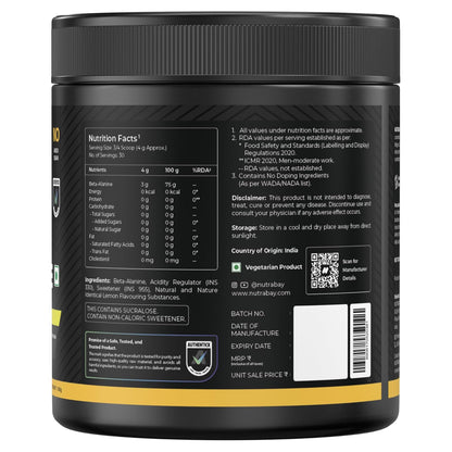 Nutrabay Gold Beta Alanine Supplement Powder 120g, Lemon Flavor – Pre Workout Amino Acid for Endurance & Fatigue Reduction