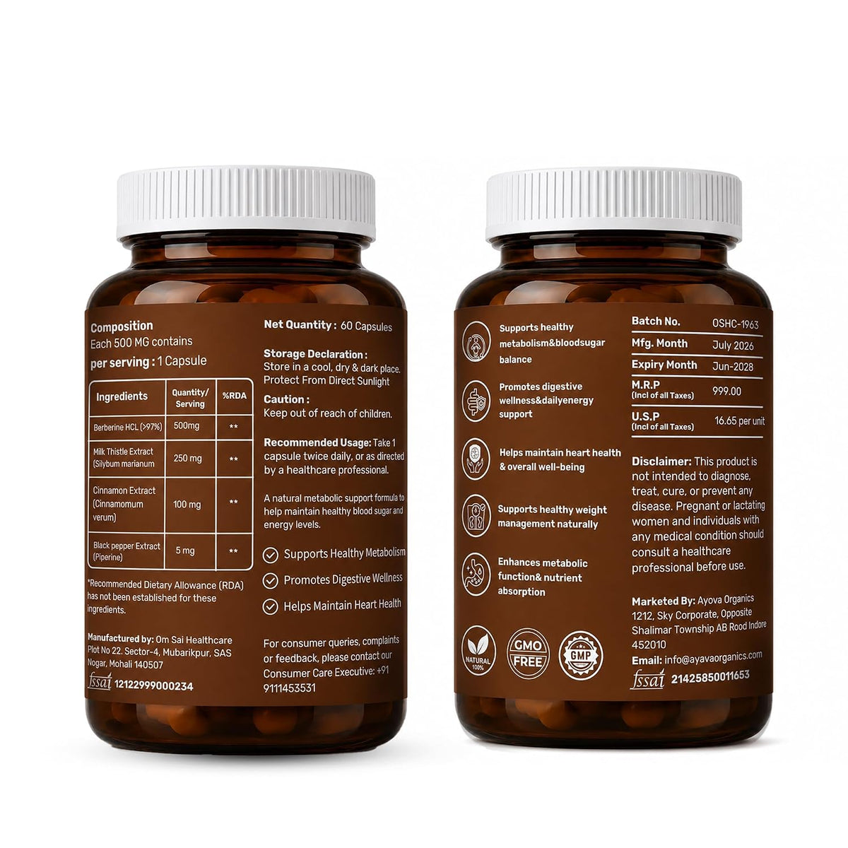 Berberine Capsules Supports Blood Sugar, Heart Health, Cholesterol Management, PCOS/PCOD | Berberine Supplement For Blood Sugar Control, Weight Management - 95% Pure Extract