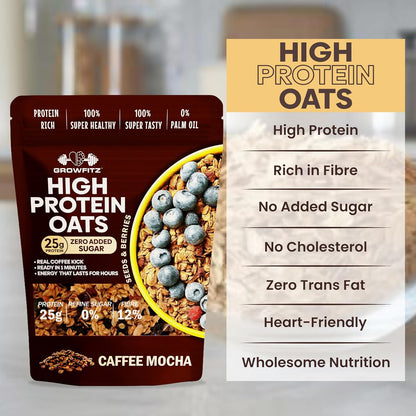 GrowFitz 25g High Protein Oats 800 Gram | Caffee Mocha Flavor Breakfast Oatmeal | 12g High Fiber, Almonds, Raisin, Pumpkin, Chia Seeds, Super Rolled Oats | Healthy Fats, No Added Sugar (Pack of 1)