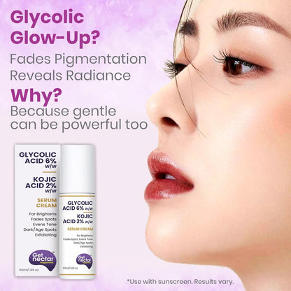Get Nectar Happiness 6% Glycolic & 2% Kojic Acid Serum Cream Helps Reduce Pigmentation, Acne Scars, Dark, Age Spots, Blemishes & Uneven Skin Tone. Promotes a Brighter, Smoother-Looking Complexion 50ml
