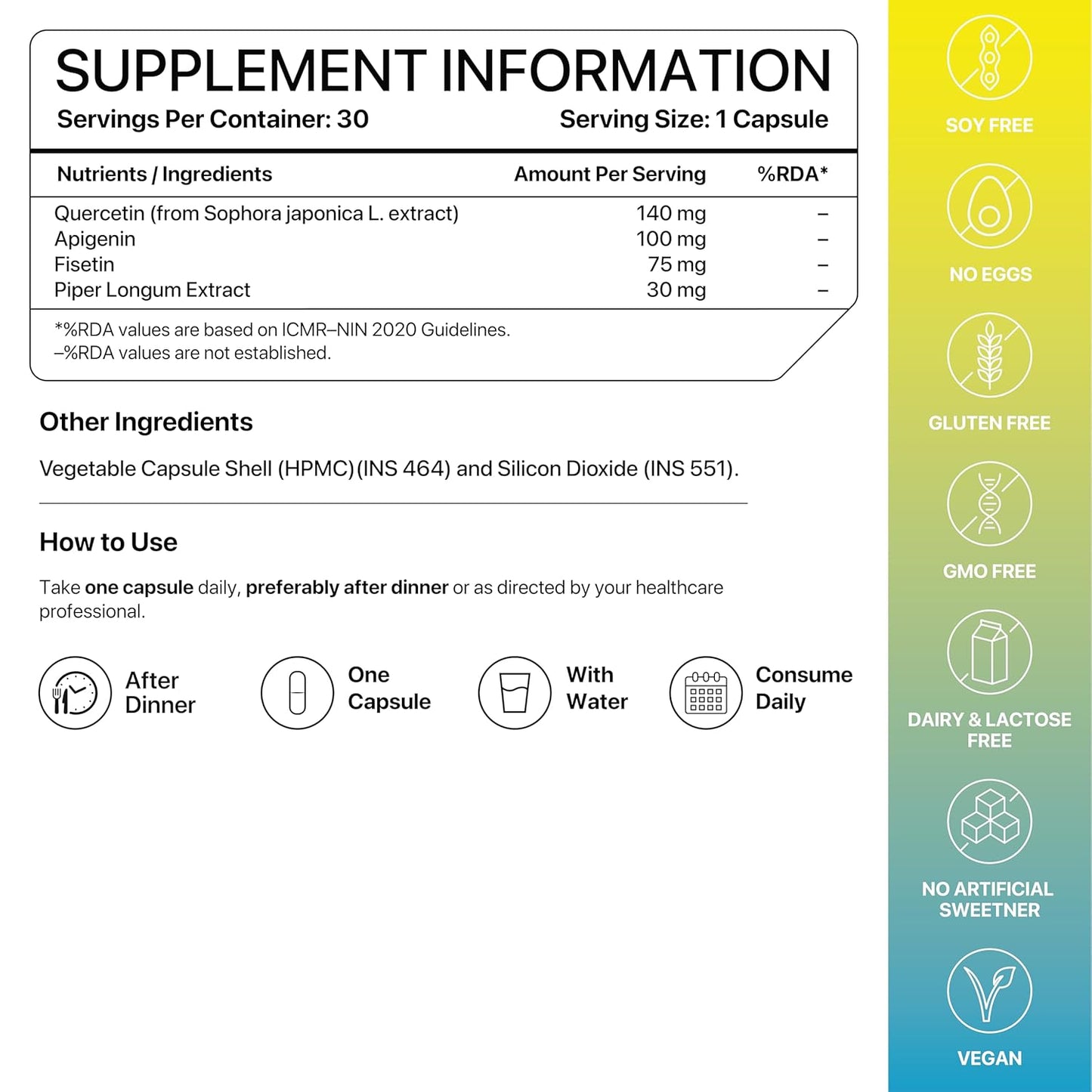 Supplement information label with nutritional details and icons on a gradient background