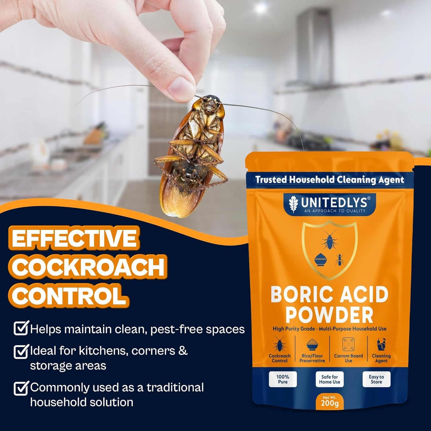 Unitedlys 200g Boric Acid Powder for Cockroaches Control | Multi Purpose Cleaner Powder for Household Cleaning, Carrom Board Use & Rice Storage Protection | Effective & Safe Stain Remover for Kitchen