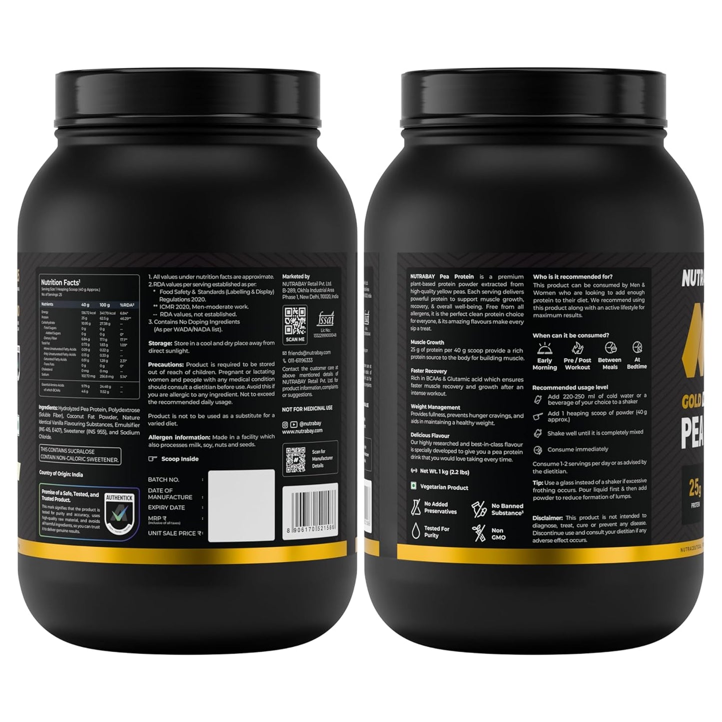 Two black protein powder containers with labels on a white background