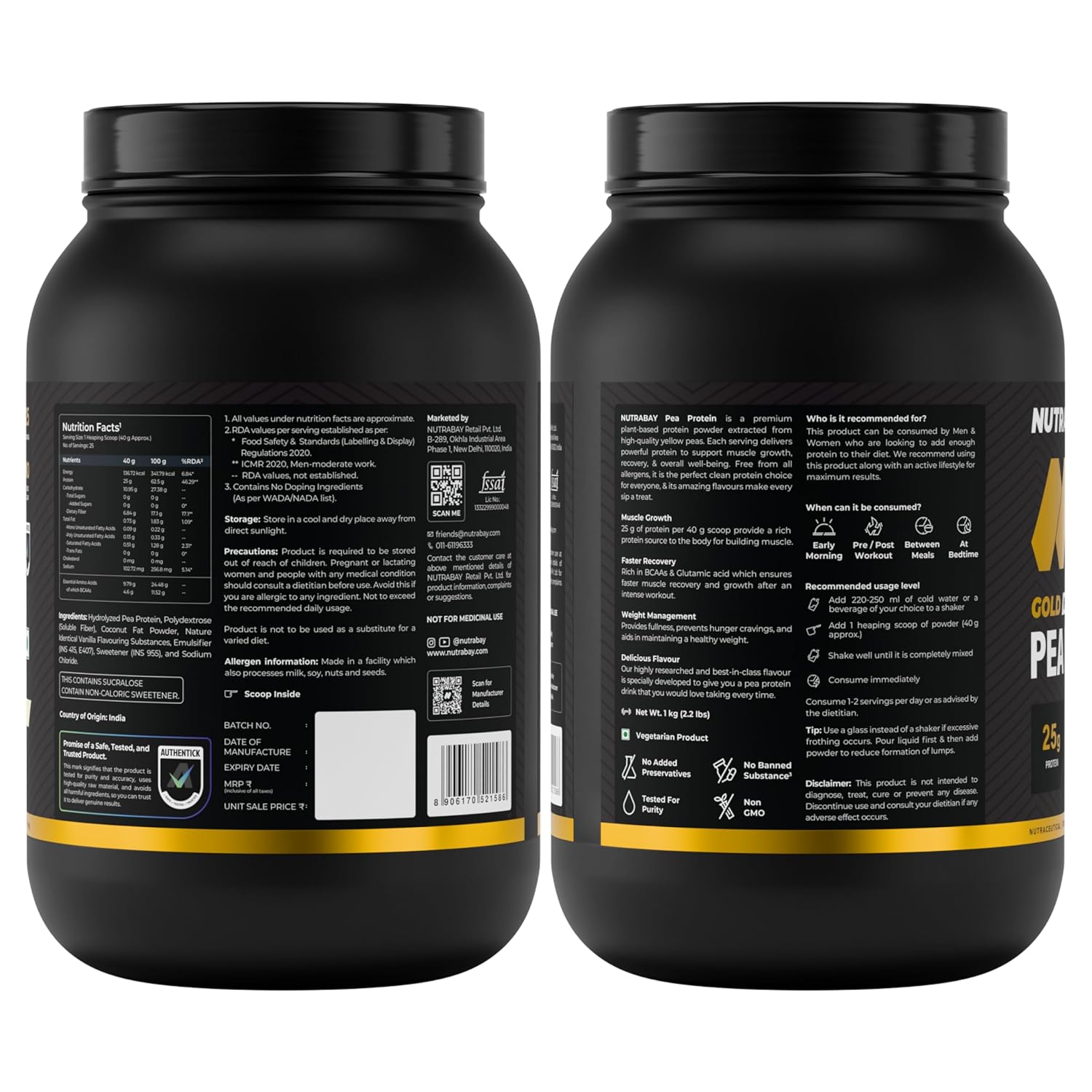 Two black protein powder containers with labels on a white background