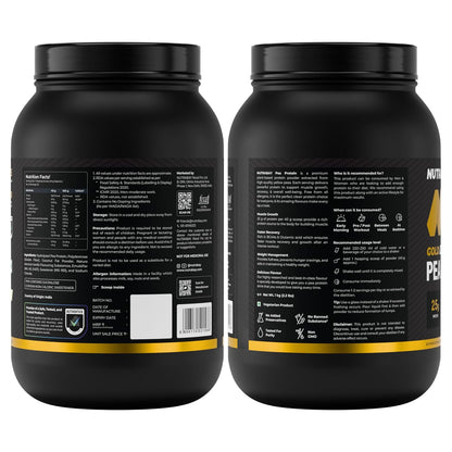 Two black protein powder containers with labels on a white background