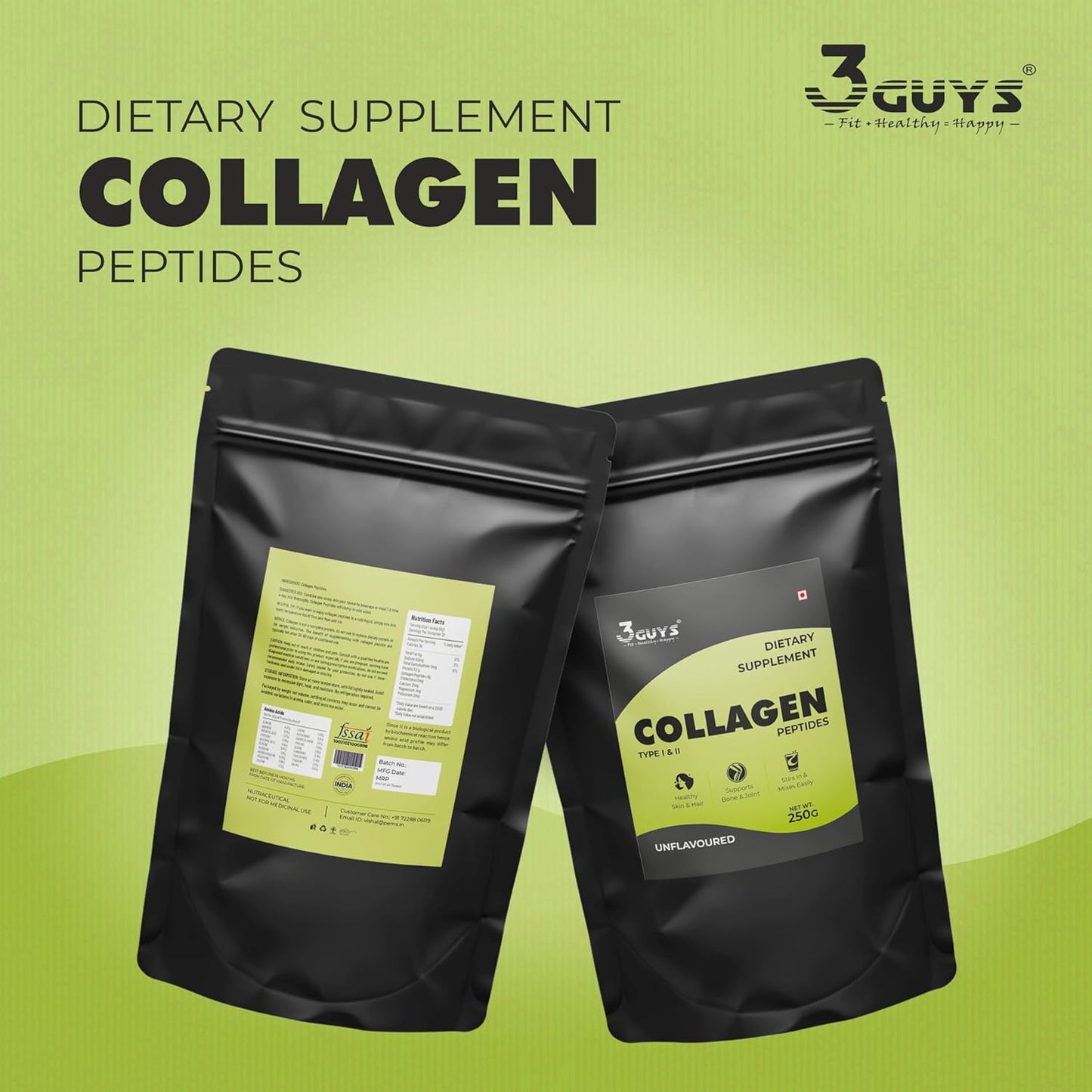 3 Guys Collagen Supplements for Skin, Nails and Hair, Women's Health, 250 gm, Unflavored