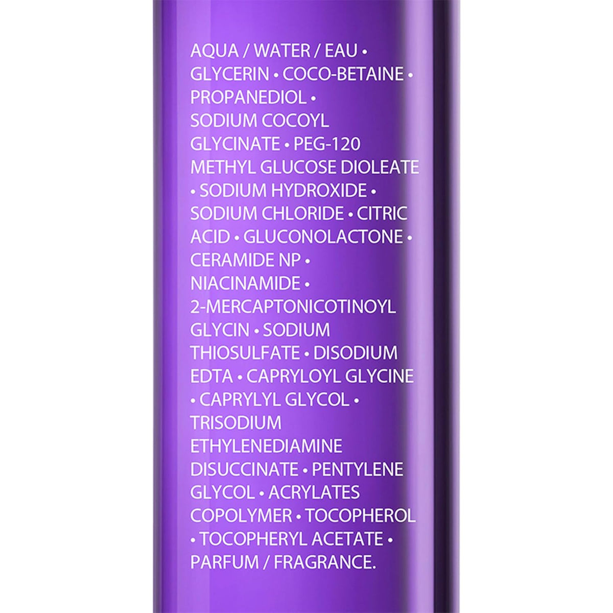 Purple bottle with white text listing ingredients on a white background