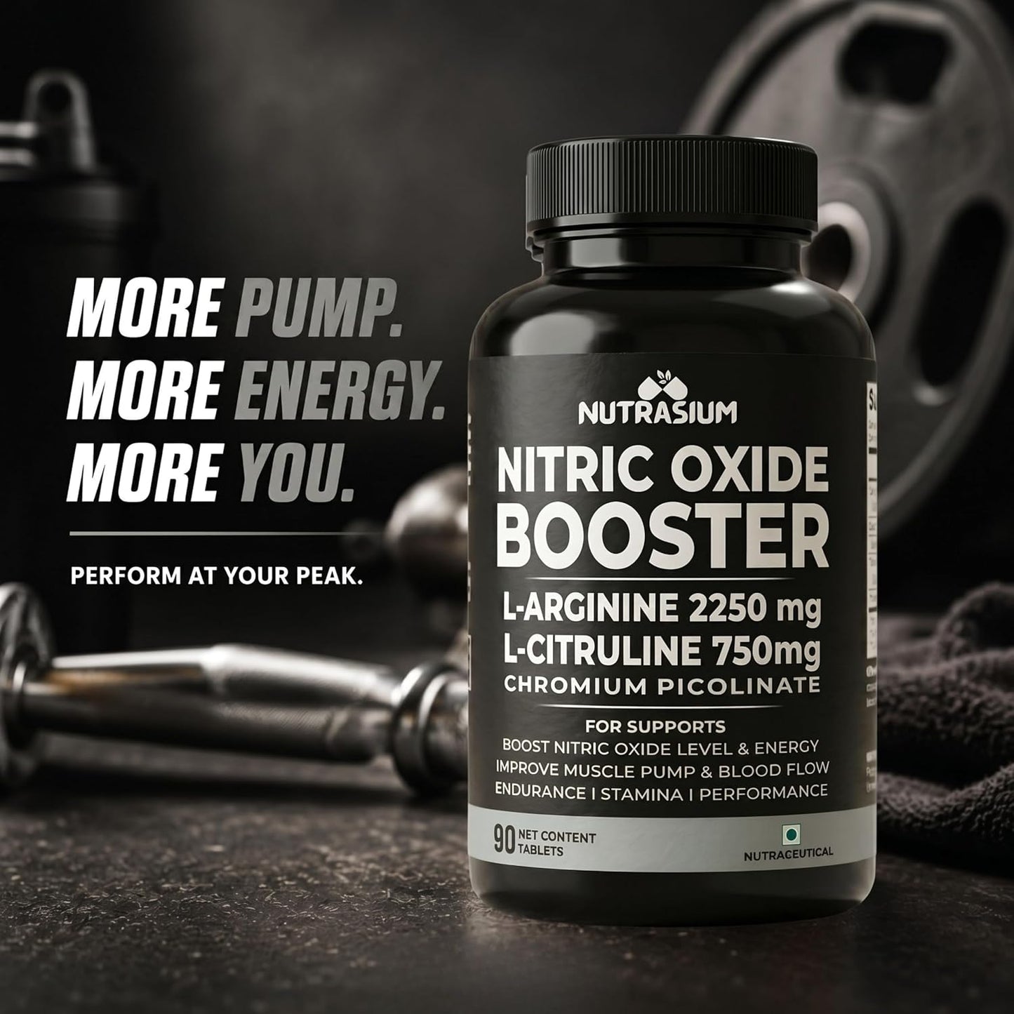 Nutrasium Nitric Oxide Supplement For Man | 2250 mg L-Arginine, 750 mg L-Citrulline with Chromium Picolinate For Supports Nitric Oxide Level, Improve Muscle Pump & Blood Flow, Boost Endurance, Stamina & Performance | 45 veg Tablets.